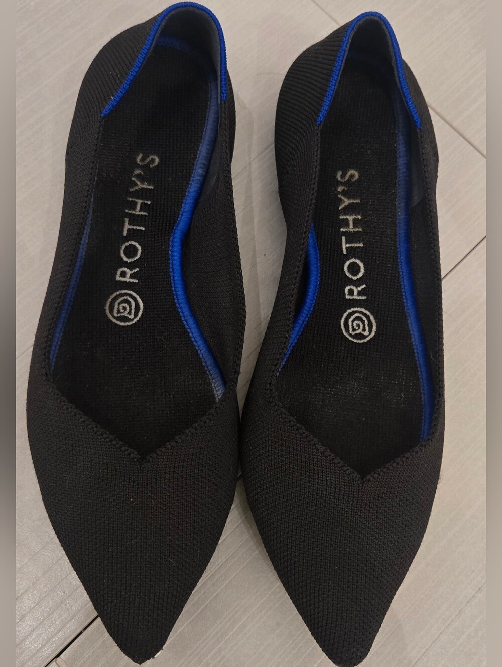 Rothy's Black Pointed Knit Flats with Blue Trim